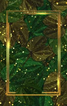 Leaf background golden frame and bokeh droplets 3D illustration Stock Photos