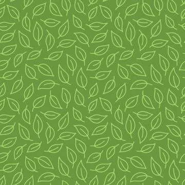 Leaf background. Green seamless pattern with leaves in minimal line doodle style Stock Illustration
