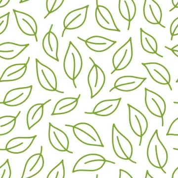 Leaf background. Green, white seamless pattern with leaves in minimal line Stock Illustration