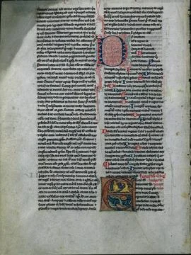 Leaf from a Bible: Initial E: Entwined Lions and Serpents (1 of 2 Excised L.. Foto stock