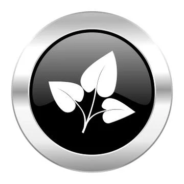 Leaf black circle glossy chrome icon isolated. Ilustración de archivo