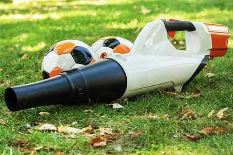 Leaf blower on the ground. The device for cleaning of fallen leaves in the .. Stock Photos