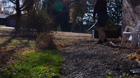 Leaf Blowing the Side Yard in the Suburbs During Autumn Stock Footage 256120119
