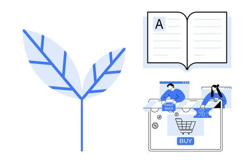 Leaf with blue veins, open book with A, online shopping interface, people eng Illustrazione stock
