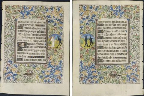 Leaf from a Book of Hours: Angel Chasing a Devil (recto) and Two Devils (ve.. Stock Photos