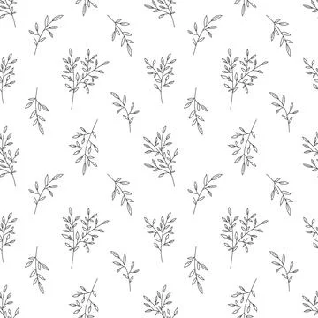Leaf branch twig olive seamless pattern black line Stock Illustration