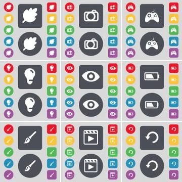 Leaf, Camera, Gamepad, Light bulb, Vision, Battery, Brush, Media player, Reload Illustrazione stock