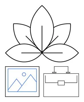 Leaf with clean lines, framed landscape, and briefcase. Ideal for wellness, s Illustrazione stock