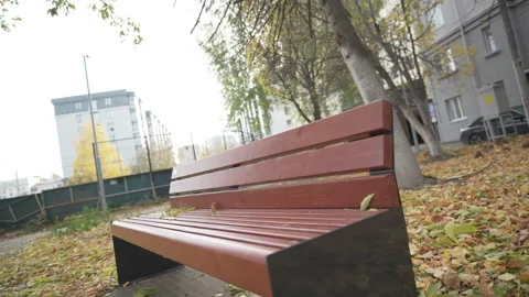Leaf-covered bench rests in park surrounded by housing Vídeos de archivo 308962056
