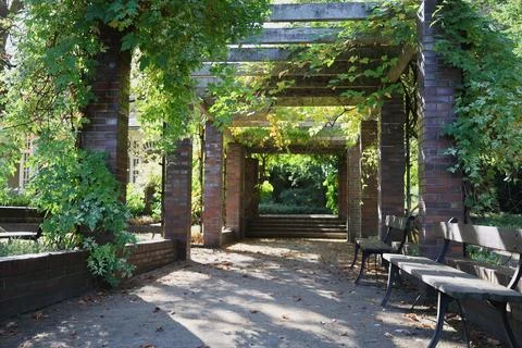 Leaf-covered brick pergola frames a sunlit garden walkway with benches and .. 库存照片