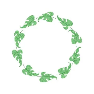Leaf frame vector flat botanical wreath monstera circle border invitation Ilustração Stock