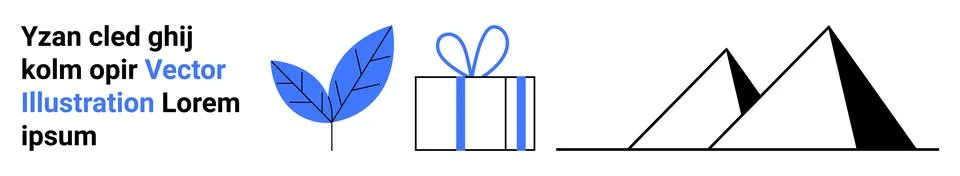 Leaf, gift box, and mountain pyramids next to placeholder text in various fon Stock Illustration