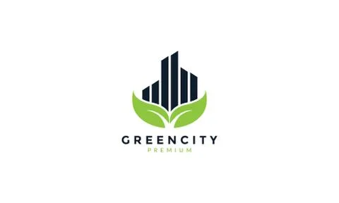Leaf green with building skyscraper logo icon illustration design Ilustración de archivo