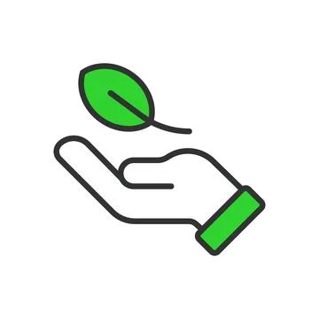 Leaf on a hand, in line design, green. Leaf, hand, nature, ecology on white Illustrazione stock