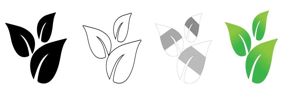 Leaf Icon Collection in Outline Solid and Green Vector Styles Stock Illustration