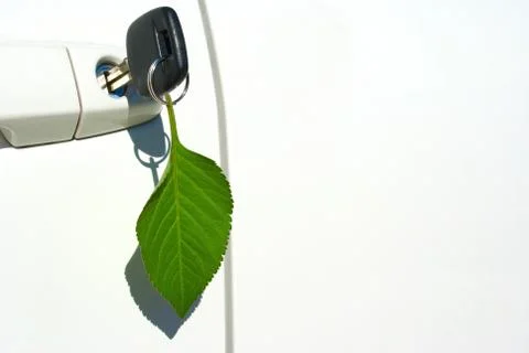 Leaf key ring on environmentally friendly car Foto stock
