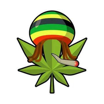 Leaf marijuana and reggae cap with dreadlocks. Green leaf cannabis smoking jo Stock Illustration