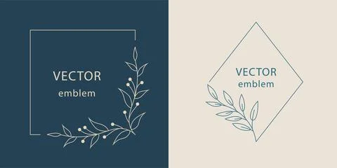 Leaf monogram set. Hand drawn line leaves and geometric frames, modern floral Illustrazione stock