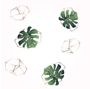 A leaf of monstera and crystals. Seamless pattern. Stock Illustration