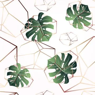 A leaf of monstera and crystals. Seamless pattern. Stock Illustration