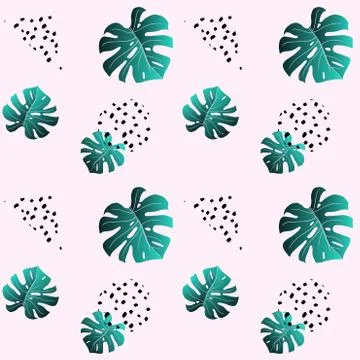 A leaf of monstera and dots. Pink seamless pattern Stock Illustration