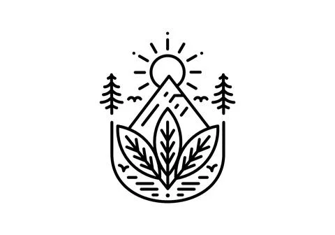 Leaf, mountain and sun line art illustration design Stock Illustration