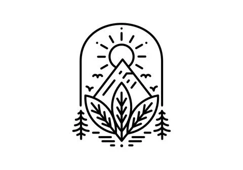 Leaf, mountain and sun line art illustration design Stock Illustration
