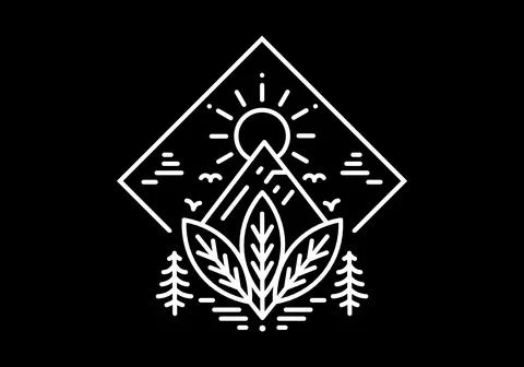 Leaf, mountain and sun line art illustration design Stock Illustration