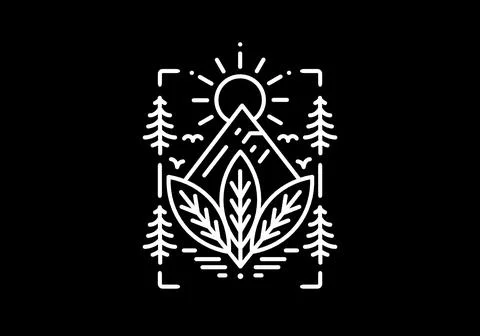 Leaf, mountain and sun line art illustration design Stock Illustration