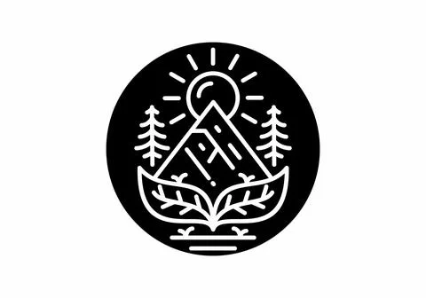 Leaf, mountain and sun line art illustration design 스톡 일러스트