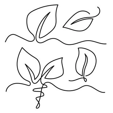 Leaf One Continuous Line Art. Hand Drawn Botanical Leaves Set Vector Illust.. Stock Illustration