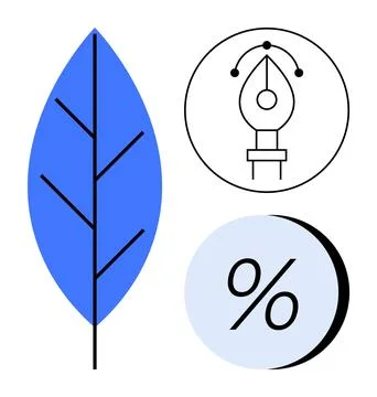 Leaf, Pen Tool Icon, and Percentage Symbol Representing Nature, Design, and.. イラスト素材