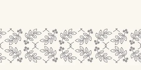Leaf running stitch embroidery border pattern. Simple needlework Hand drawn 스톡 일러스트