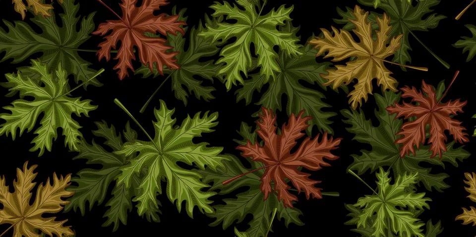 Leaf seamless pattern on black background. Retro tropical plants in engraving Stock Illustration