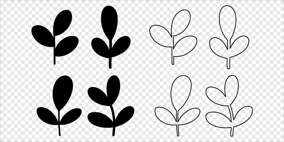 Leaf set with central stem and oval leaves Silhouette and Outline Stock Illustration