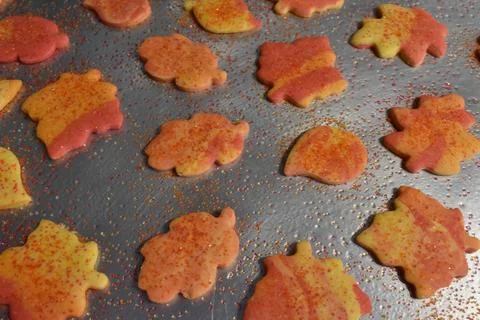 Leaf Shaped Fall Cookies on a Baking Sheet Stock Photos