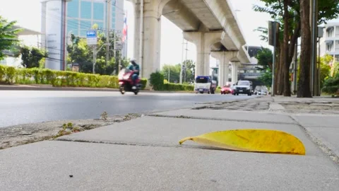 Leaf on the sidewalk between Car Traffic in Thailand, Perspective Of Busy Road Stock Footage 262773979