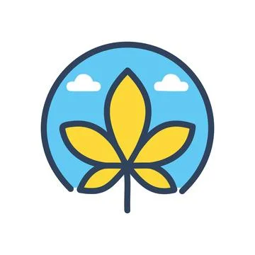 Leaf sky icon. Yellow leaf with 7 points, against a blue sky background, sy.. Stock Illustration