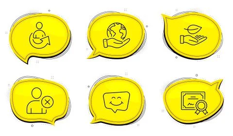 Leaf, Smile chat and Share icons set. Delete user sign. Plant care, Happy face Illustrazione stock