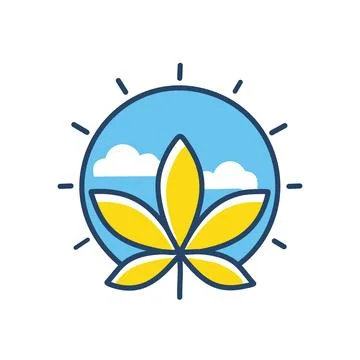 Leaf sun sky. Yellow leaf against a blue sky with sun and clouds. Represent.. Stock Illustration