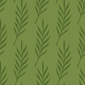 Leaf twigs doodle seamless pattern in abstract foliage style. Green backgroun Stock Illustration