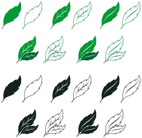 Leaf vector set in green and black. White isolated background. Stock Illustration