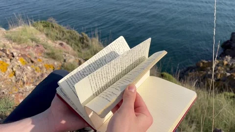 Leafing through a book near the sea island - stock video Stock Footage 240340716