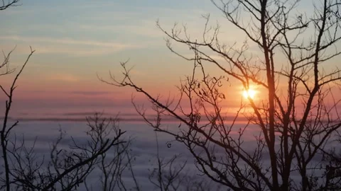 Leafless branches frame a glowing sunrise over fog covered valleys, creating Video stock 342236268