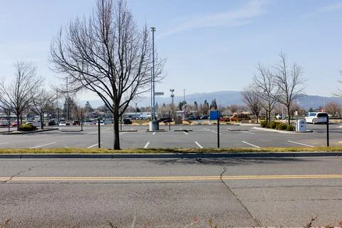 Leafless trees in an empty parking lot on a sunny day Foto stock