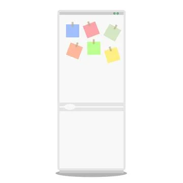 Leaflets with notes on the fridge. The notes hang on the refrigerator door. Illustration