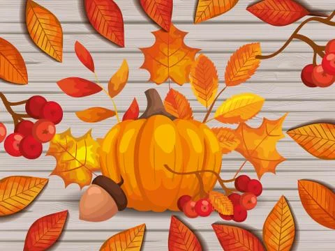 Leafs autumn with pumpkin and nut in background wooden Stock Illustration