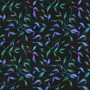 Leafs seamless pattern. Hand drawn illustration felt-tip pens isolate on blac Stock Illustration