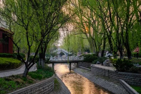 Leafy canal path and arched bridge in Beijing park Stock Photos