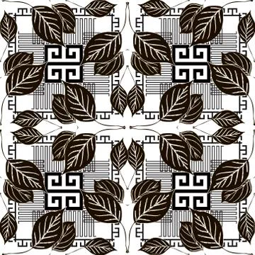 Leafy seamless pattern. Black and white geometric greek style vector backgrou Illustrazione stock